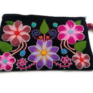 Multicolored Flowers Wool Woven Cosmetic Bag